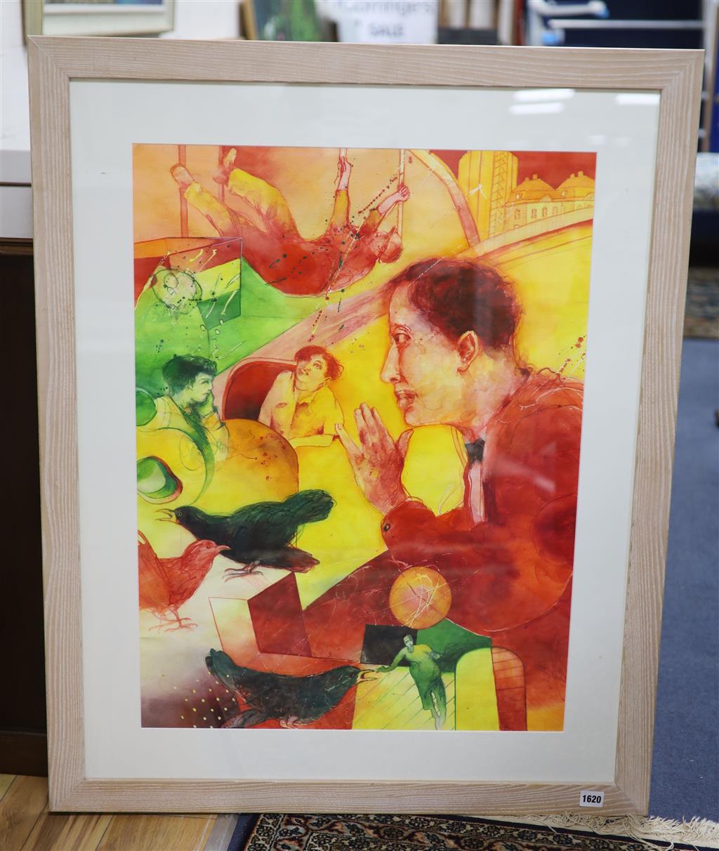 Bob Ballard (1944-), watercolour on paper, Figures and birds, 74 x 55cm